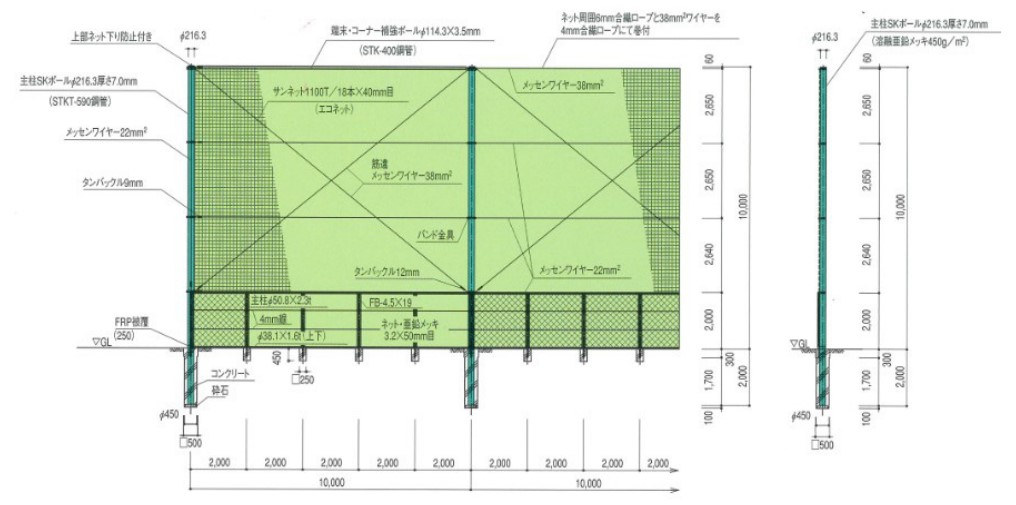 標準断面図(防球ネットSK-2型 H=10,000)