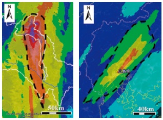 図1−4 線状降水帯2事例による累積雨量分布(左:平成27年関