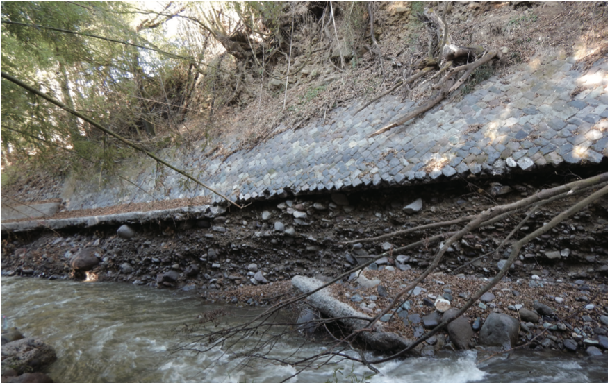 河床洗掘による護岸基礎の崩壊