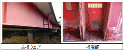 同一橋梁における部位による腐食，塗膜劣化の違い