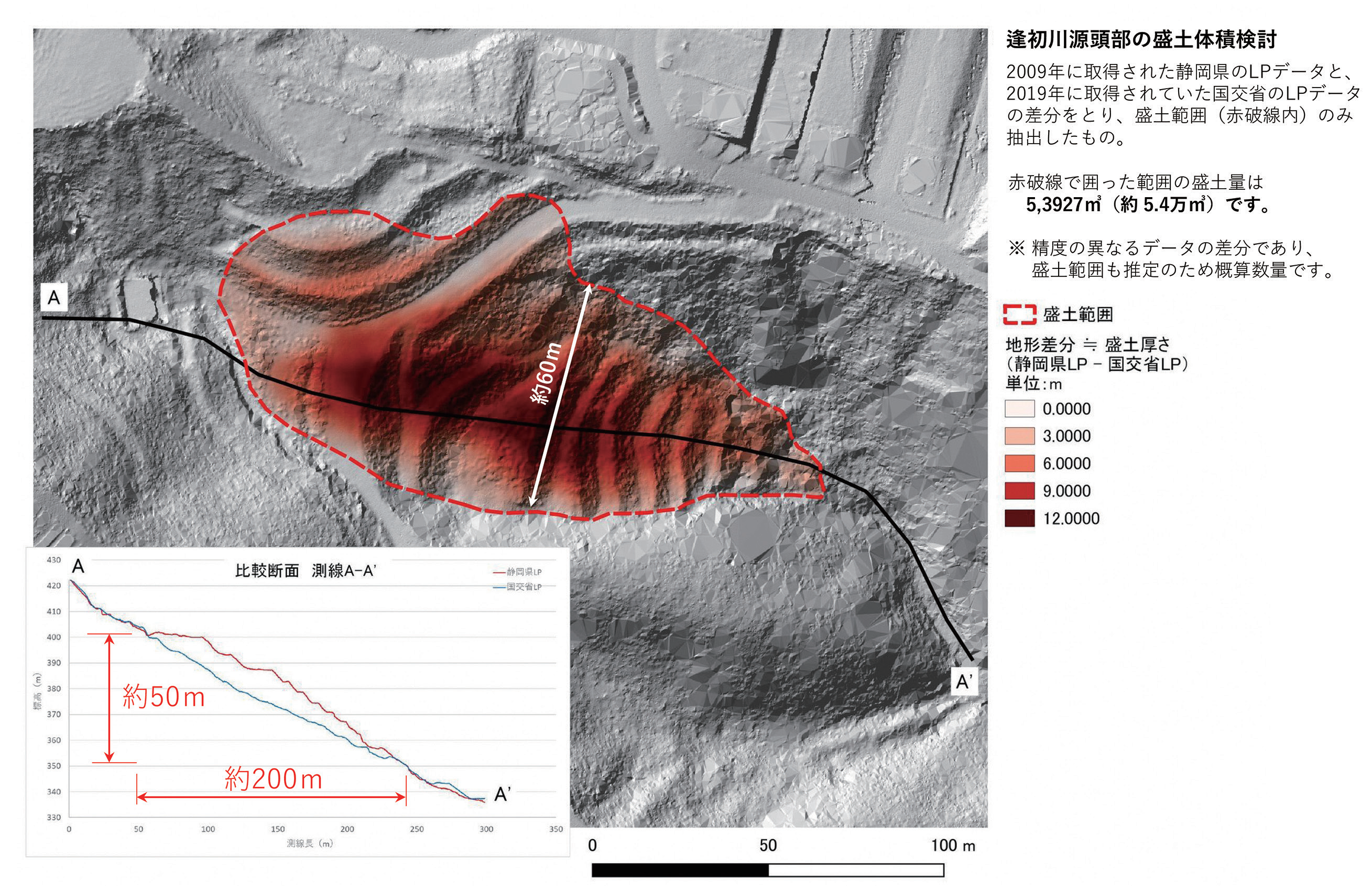 地形差分図（2009年と2019年の地形差分による盛土厚の計測）
