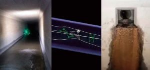 ELIOS 3による下水道管点検の実証例・ボックスカルバート（左：ドローン　中央：3Dマップ　右：リアルタイム映像）