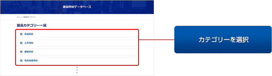 （１）建設データベースより、資料が欲しい建設資材を探します。