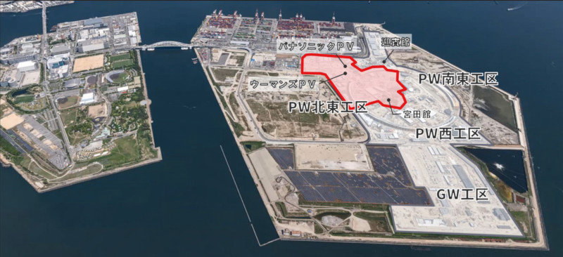 大阪・関西万博における大林組の施工範囲(赤枠部)と大林組施工パビリオン
