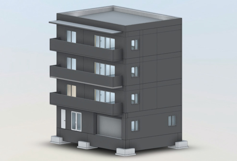 前期試験問題の正解モデル例（Revit）。RC造４階建てのマンション