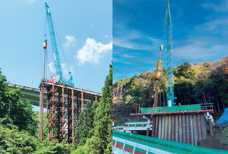 写真－1　山間部のLIBRA工法（左）とMJP工法（右）