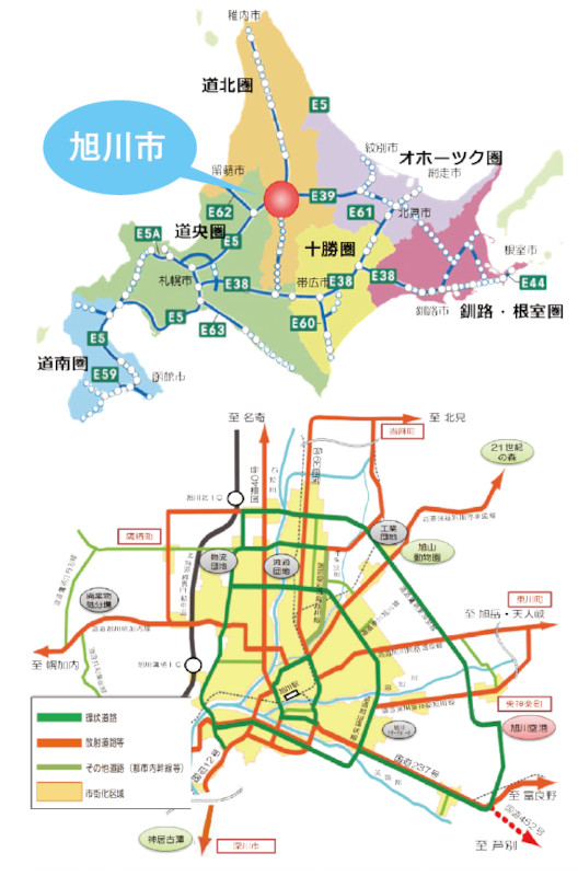 図－1　旭川市の位置と道路ネットワーク
