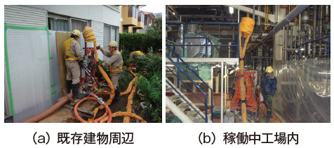 写真-1 狭隘地におけるJETCRETEの施工